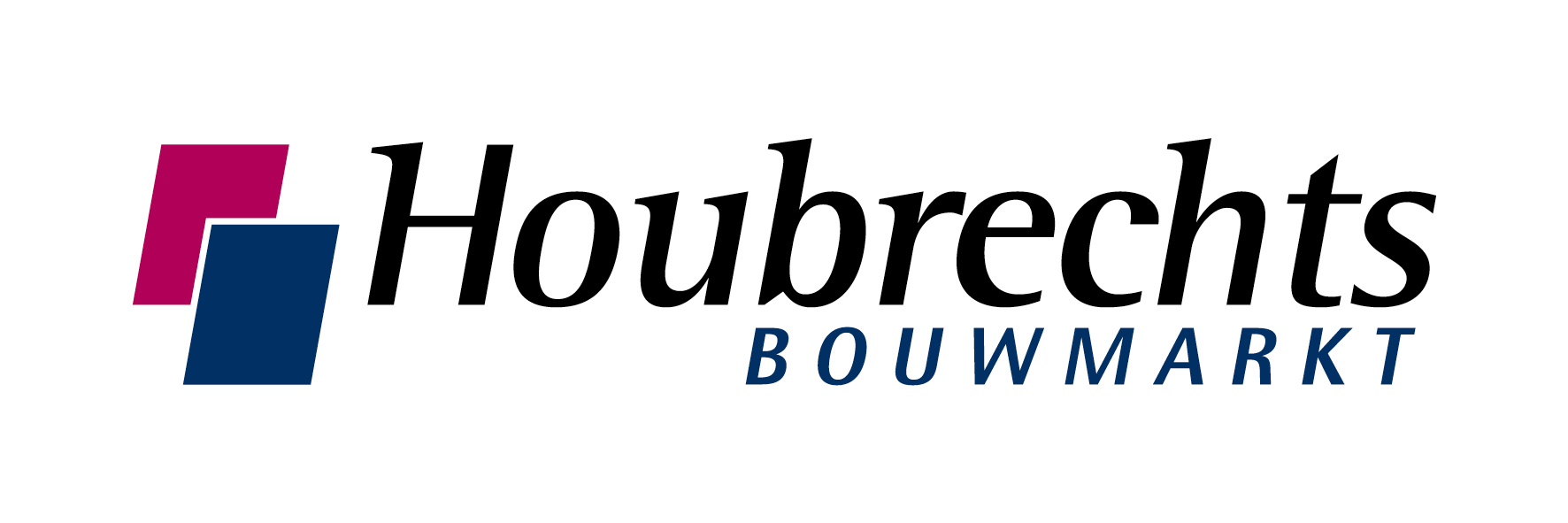 Houbrechts Bouwmarkt logo with two overlapping magenta and navy blocks to the left and the brand name in black italic letters with blue 'BOUWMARKT'.